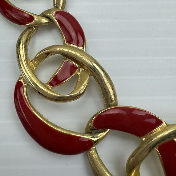 Vintage Necklace Red Enamel Gold Tone Chain Link Choker 80s Glamour 17" - Picture 5 of 9